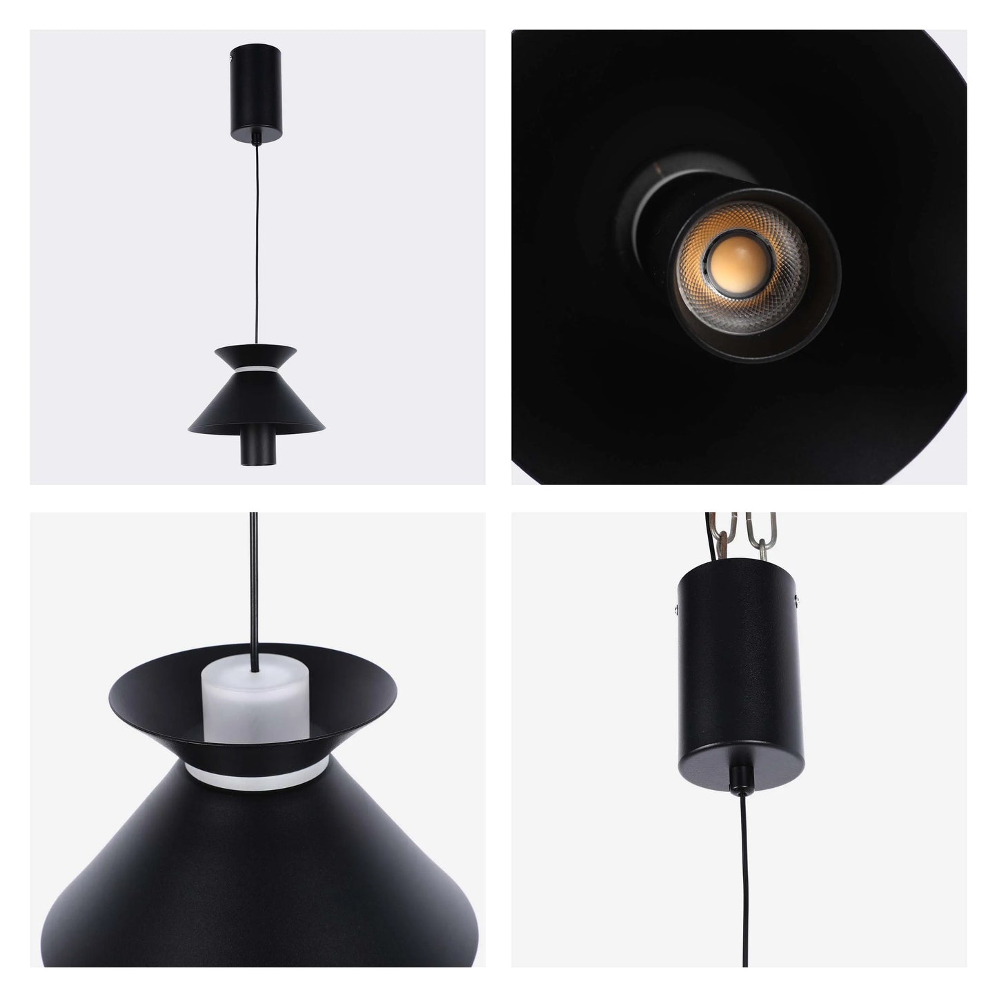 A modern matte black pendant light with a stylish, tiered, geometric shade.