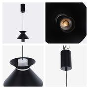 A modern matte black pendant light with a stylish, tiered, geometric shade.