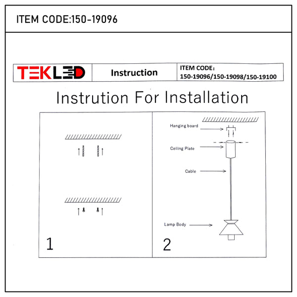 Instructional drawing of a pendant light fixture, illustrating hanging steps, item codes and product assembly for install