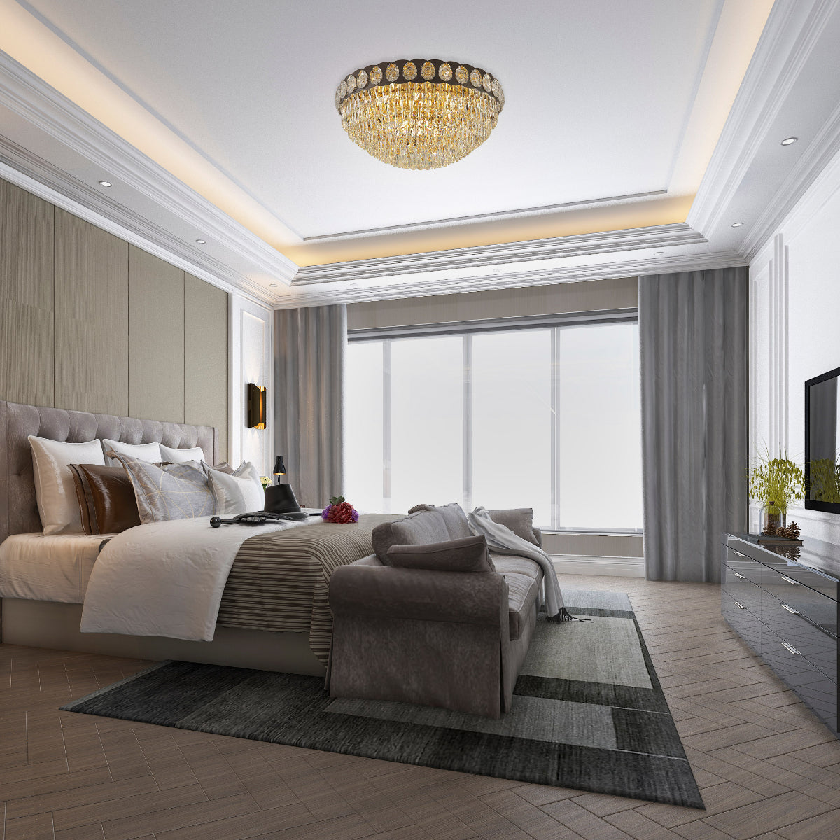 Indoor setting living room, kitchen, bedroom Luxury Clear Crystal Flush Modern Ceiling Chandelier Light Gold | TEKLED 159-18011