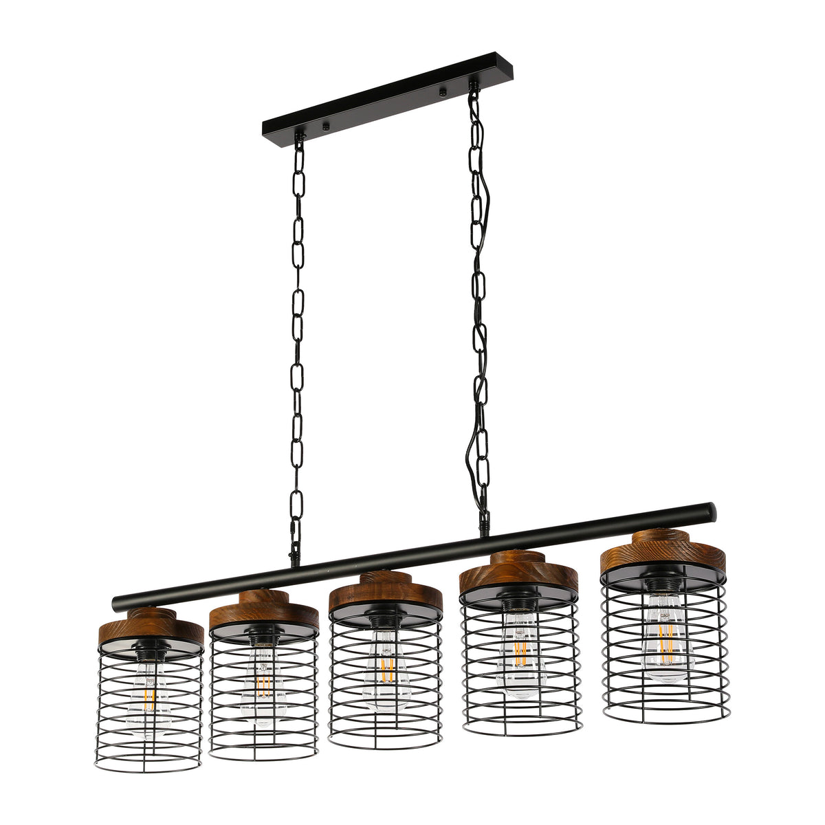 Main image of Industrial Cage Pendant Light - Rectangular 5-Shade Linear Chandelier with Wood Accents 150-19066