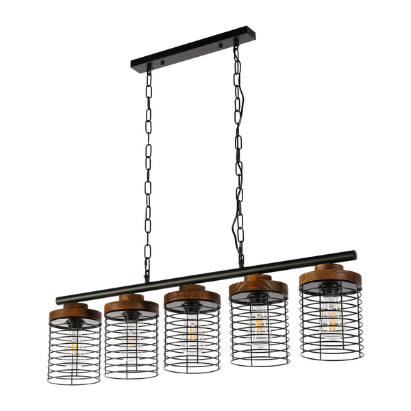 Main image of Industrial Cage Pendant Light - Rectangular 5-Shade Linear Chandelier with Wood Accents 150-19066