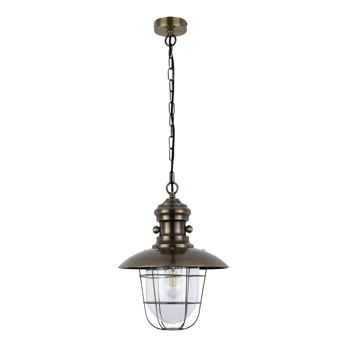Antique brass pendant light with caged bulb design. An industrial, vintage style fixture hanging from a chain.
