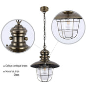 Antique brass pendant light with a cage design, hanging from a chain. Offers vintage charm and industrial flair.
