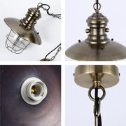 Antique bronze finish pendant light with a caged glass shade, suspended by chain. Close-up views highlight the details.
