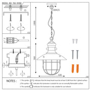 Technical diagram for pendant lighting fixture, showing dimensions, mounting & wiring. Notes on minimum clearance & suitability included.