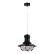 A black industrial pendant light fixture with red cage detailing, suspended from a black ceiling rose.