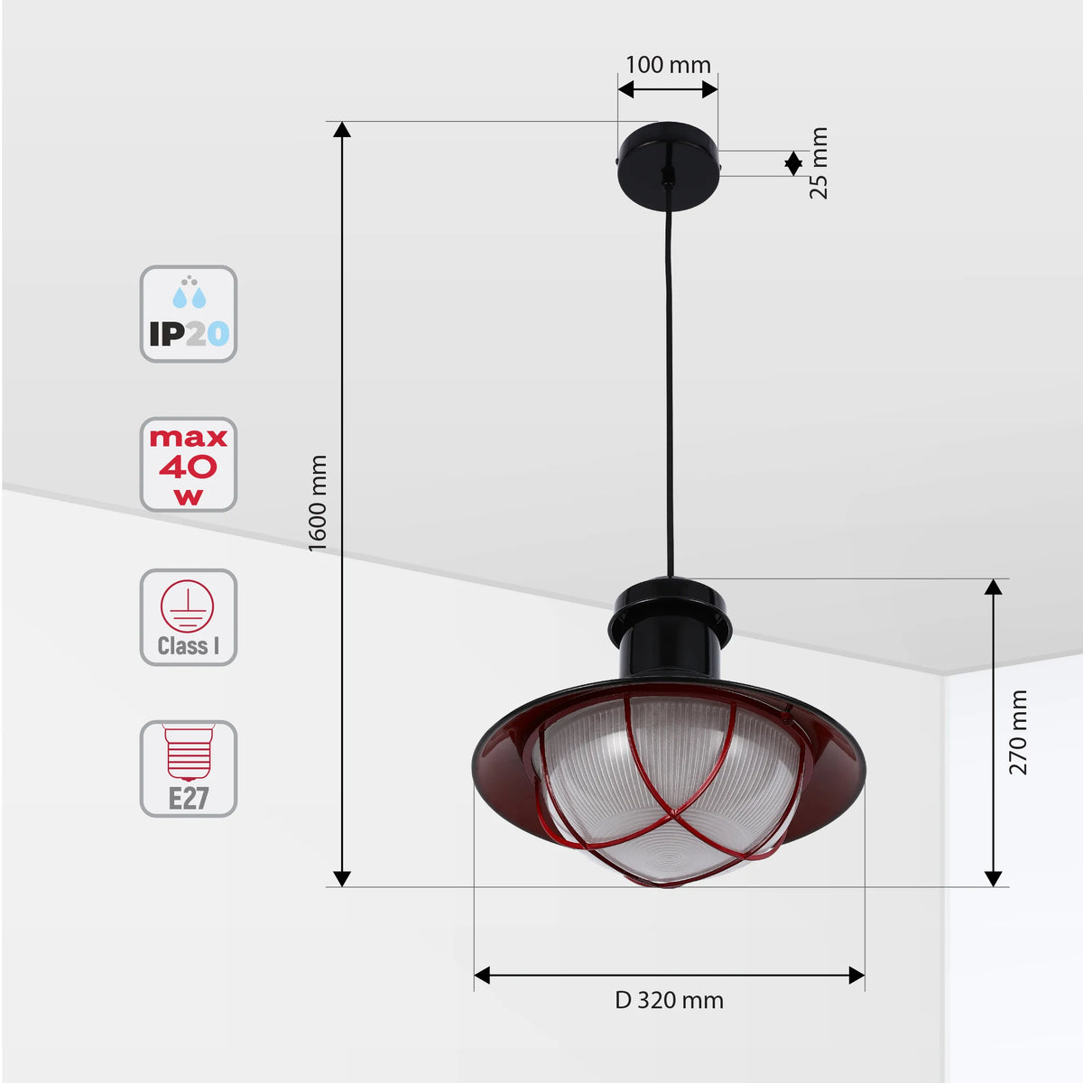 Hanging pendant light fixture in black and dark red, industrial style with dimensions. E27 fitting, IP20 rated, Class 1.