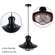 Black and red industrial pendant light with iron frame and glass shade. A modern take on vintage lighting.