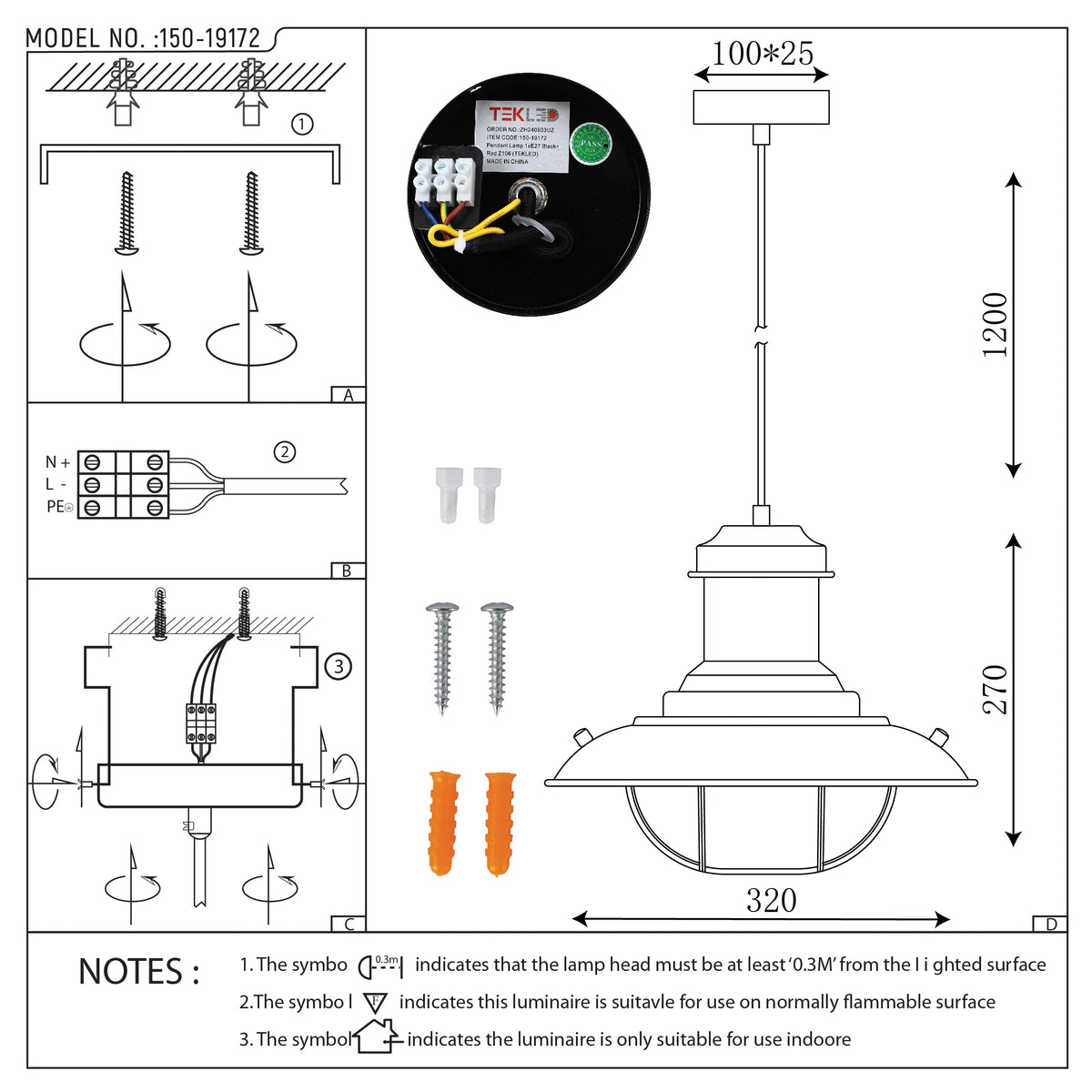 Technical drawing of a pendant light, showing dimensions and installation instructions. Black fixture with a cage shade.