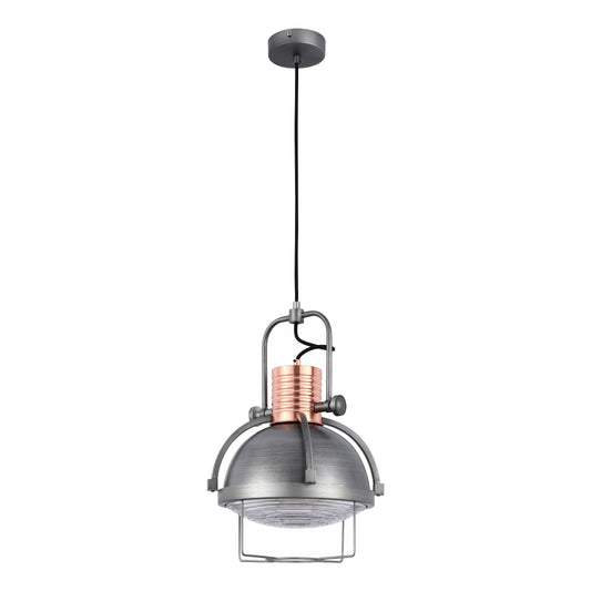 Industrial style pendant light with a copper detail and a metal cage, suspended from a black cable.