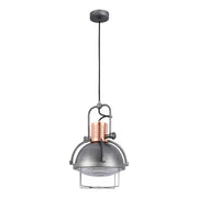 Industrial style pendant light with a copper detail and a metal cage, suspended from a black cable.