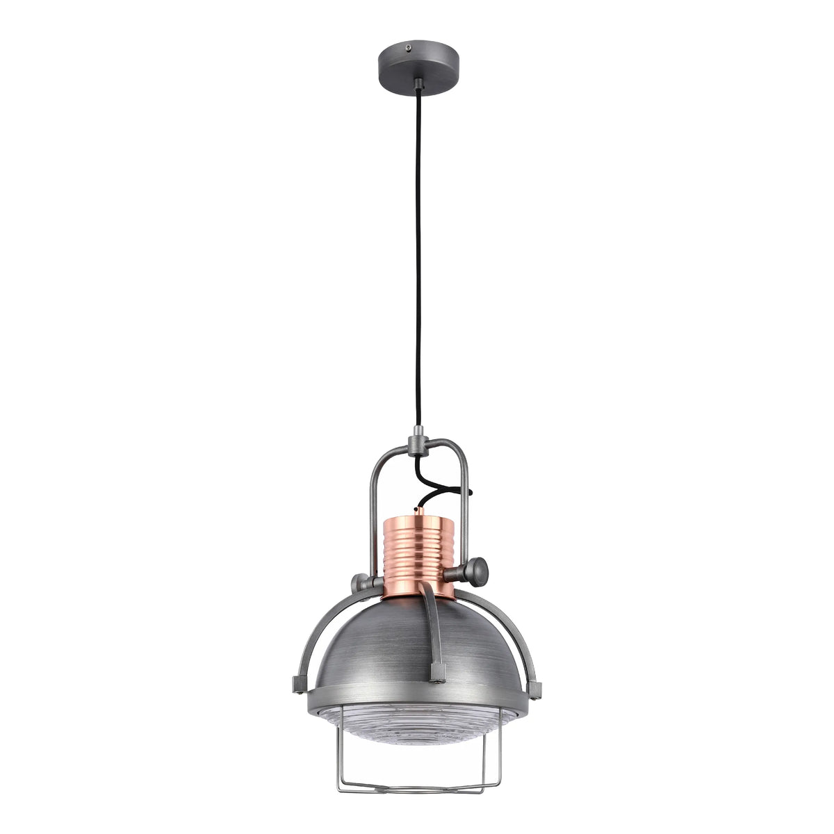 Industrial style pendant light with a copper detail and a metal cage, suspended from a black cable.