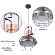Antique grey & copper pendant light. Industrial-style metal & glass lighting for a vintage touch in any room.