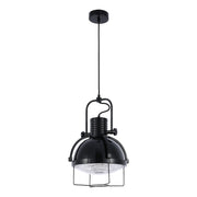 Black industrial pendant light. Downlight with a metal cage and domed shade, suspended from a black ceiling rose.
