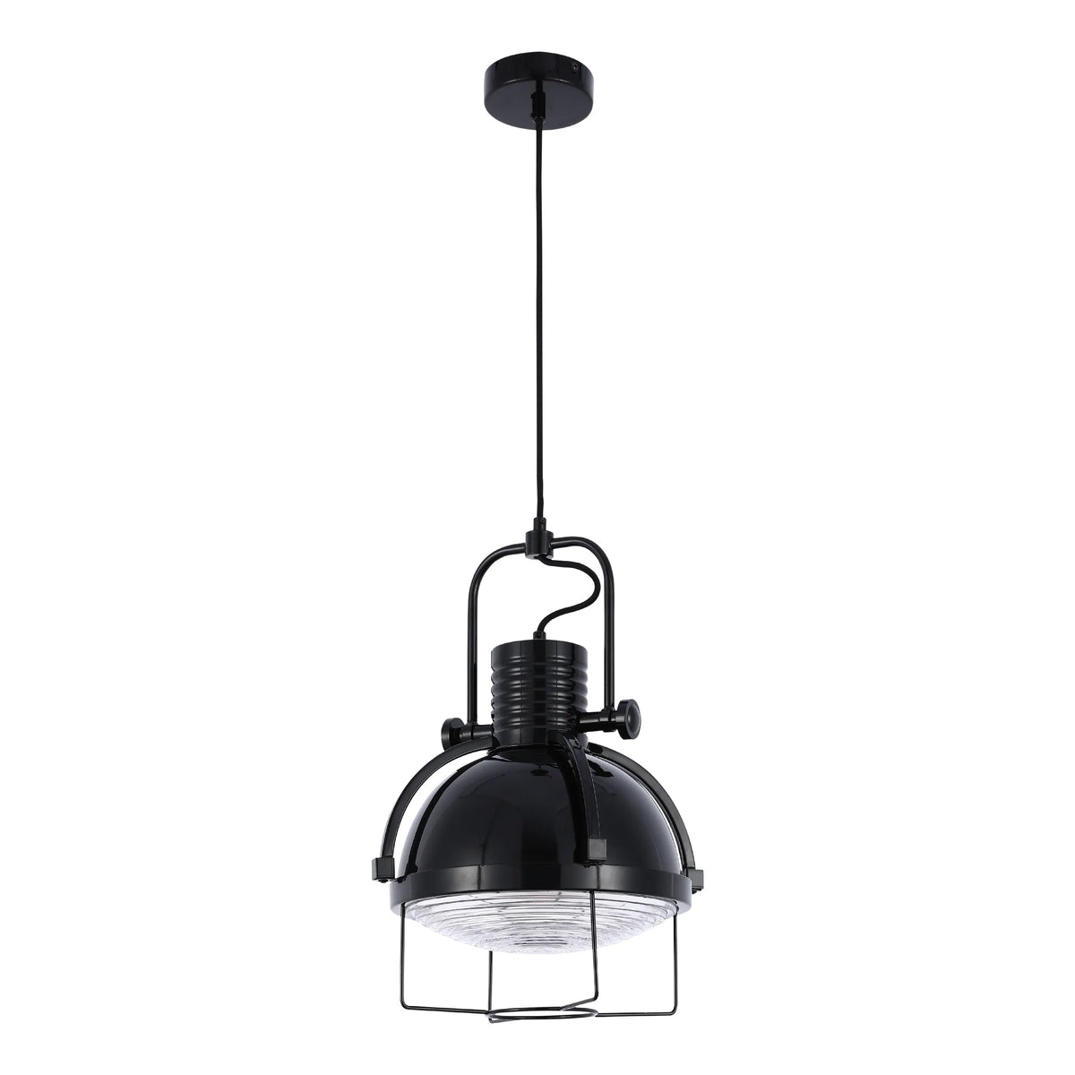 Black industrial pendant light. Downlight with a metal cage and domed shade, suspended from a black ceiling rose.