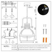 Technical drawing of a pendant light fixture, showing dimensions and wiring.  Includes screws and wall plugs for mounting.