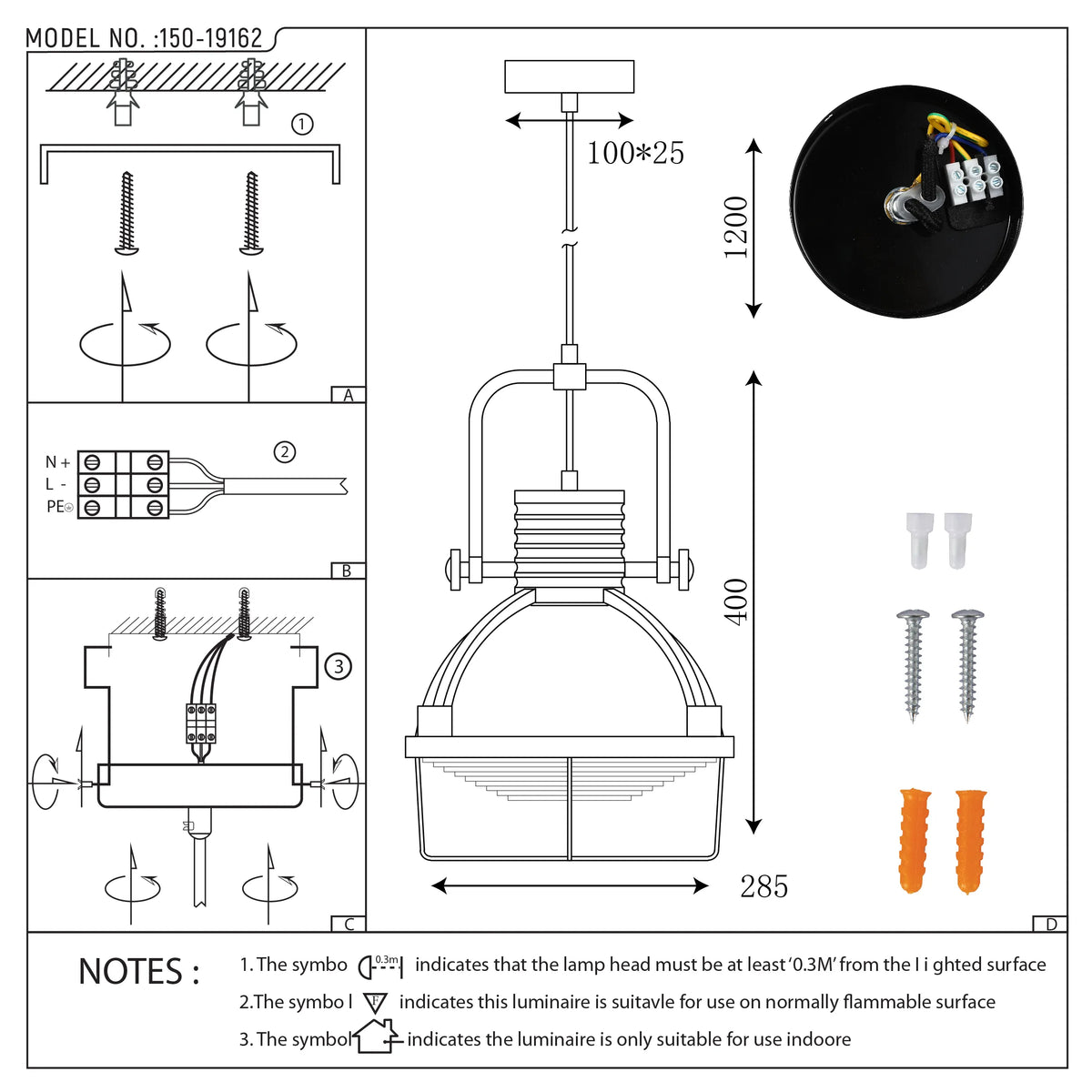 Technical drawing of a pendant light fixture, showing dimensions and wiring.  Includes screws and wall plugs for mounting.