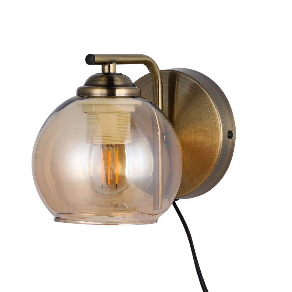 L-Shape Antique Brass Dome Glass Plug-In Wall Light 1