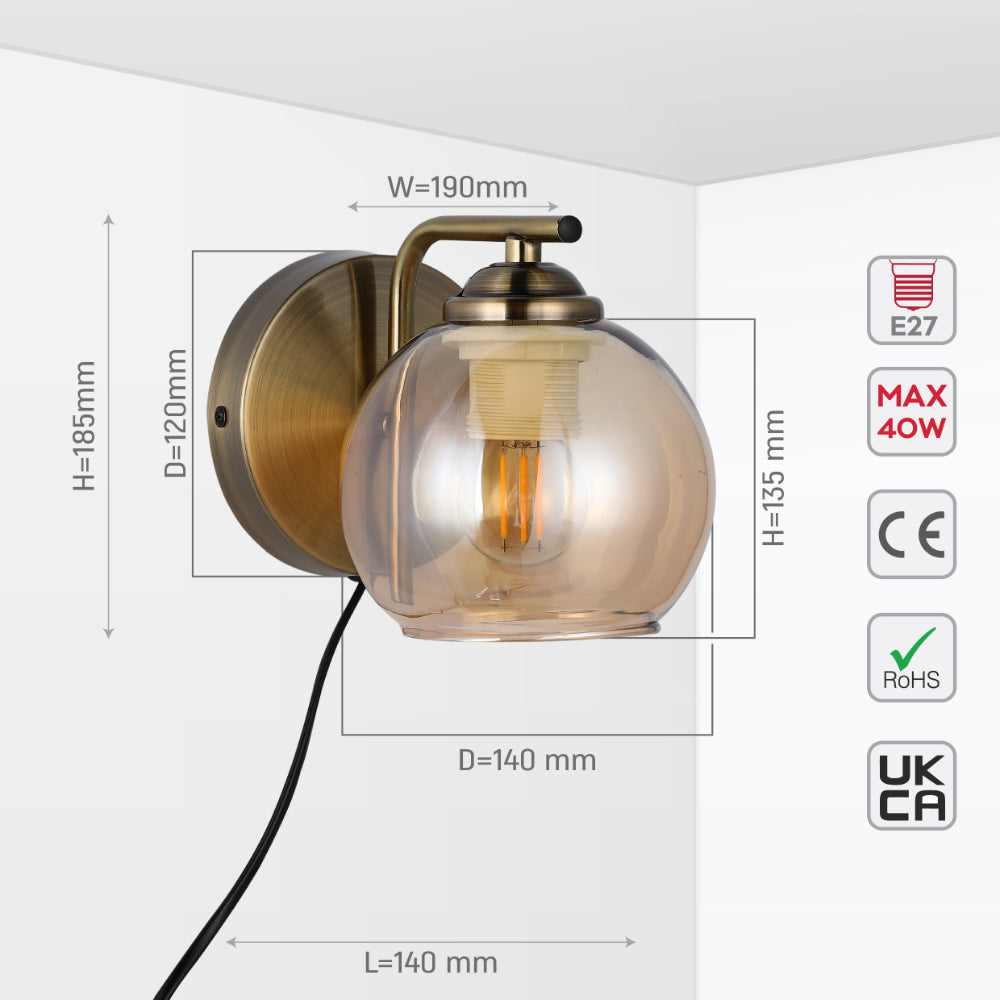 L-Shape Antique Brass Dome Glass Plug-In Wall Light 3