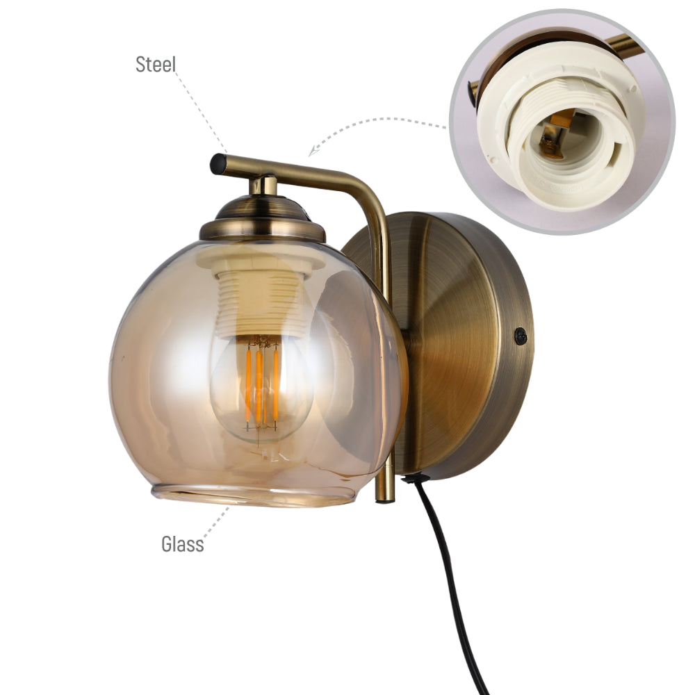 L-Shape Antique Brass Dome Glass Plug-In Wall Light 4