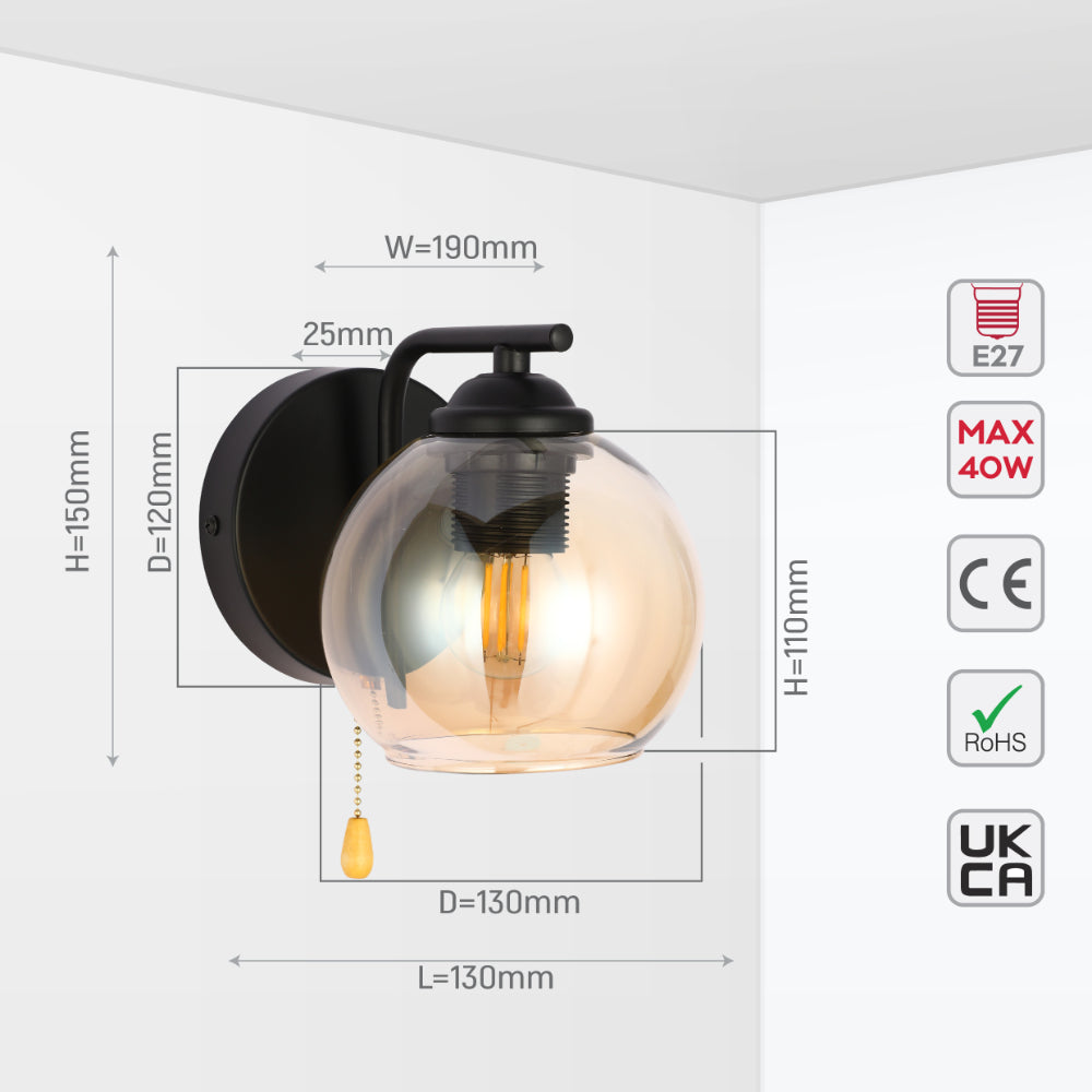 L-Shape Dome Glass Wall Light E27 with Pull Down Switch 8