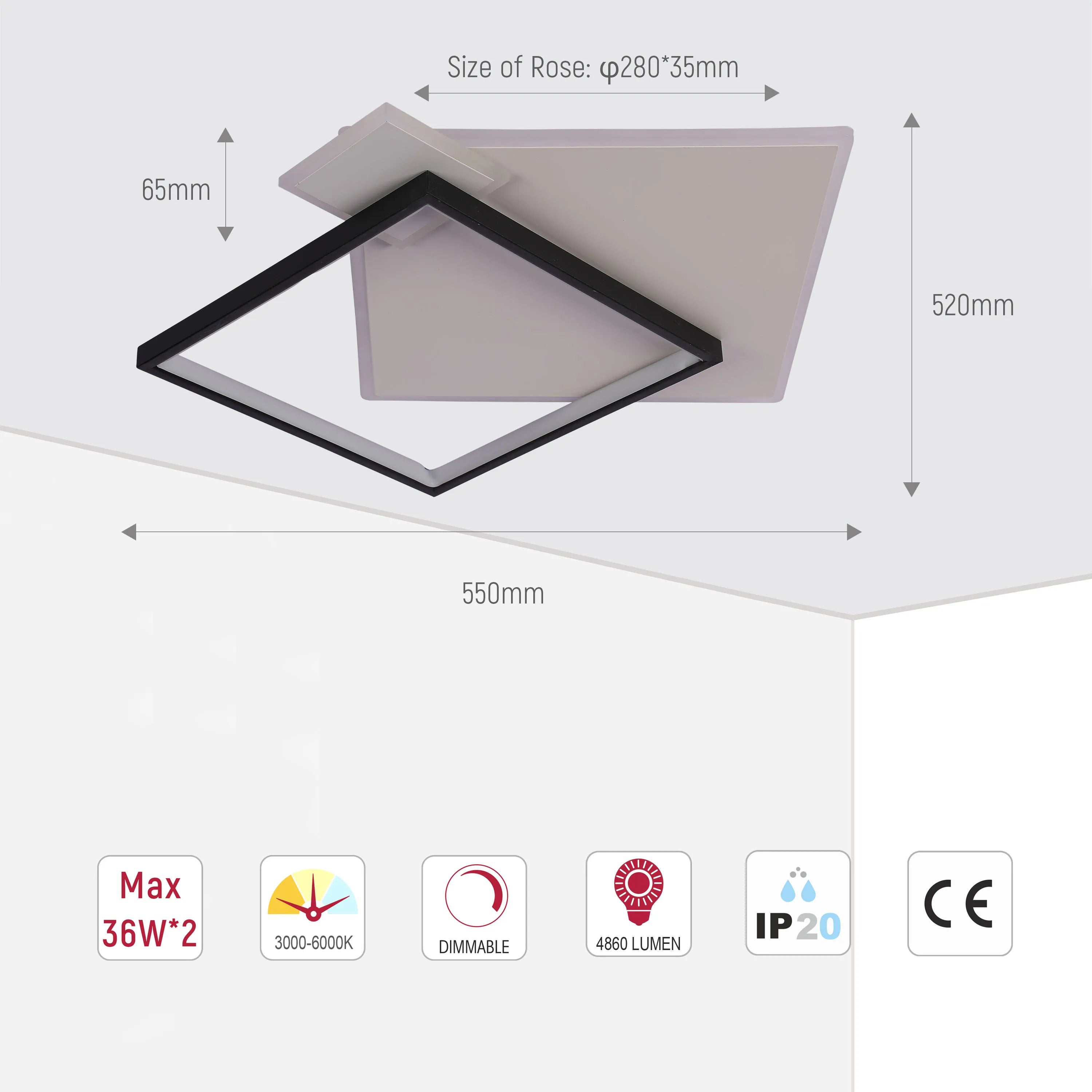 Layered Square LED Ceiling Light, CCT Tunable with Remote, Black & White, 72W, Flush Mount, LED Flush Ceiling Light, TEKLED