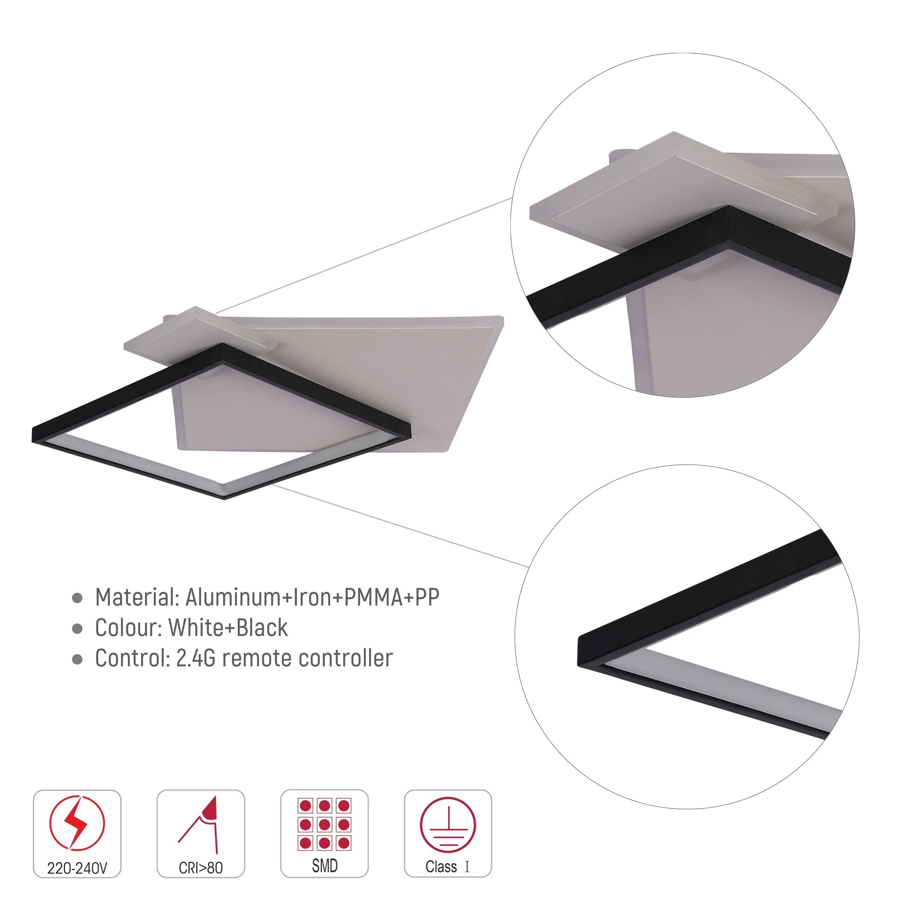 Layered Square LED Ceiling Light, CCT Tunable with Remote, Black & White, 72W, Flush Mount, LED Flush Ceiling Light, TEKLED