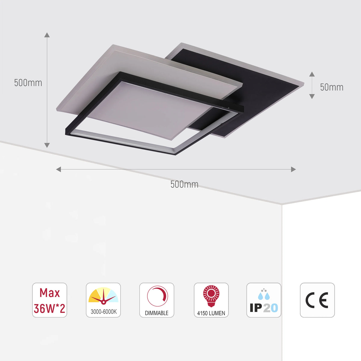 Layered Square LED Ceiling Light, CCT Tunable with Remote, Black & White, 72W, Flush Mount, LED Flush Ceiling Light, TEKLED