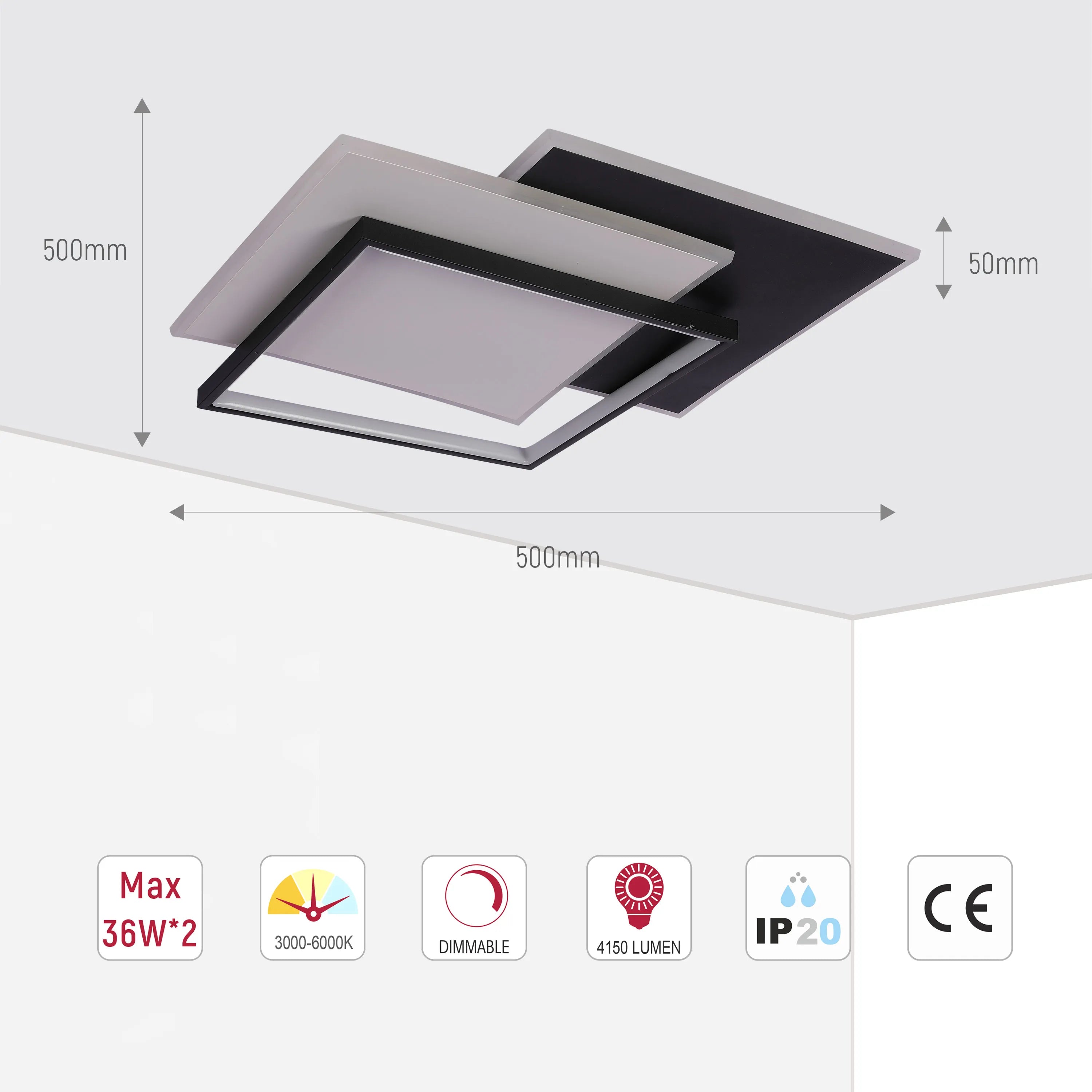 Layered Square LED Ceiling Light, CCT Tunable with Remote, Black & White, 72W, Flush Mount, LED Flush Ceiling Light, TEKLED