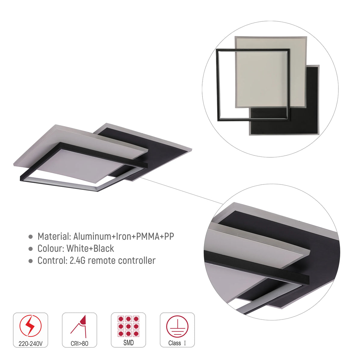 Layered Square LED Ceiling Light, CCT Tunable with Remote, Black & White, 72W, Flush Mount, LED Flush Ceiling Light, TEKLED