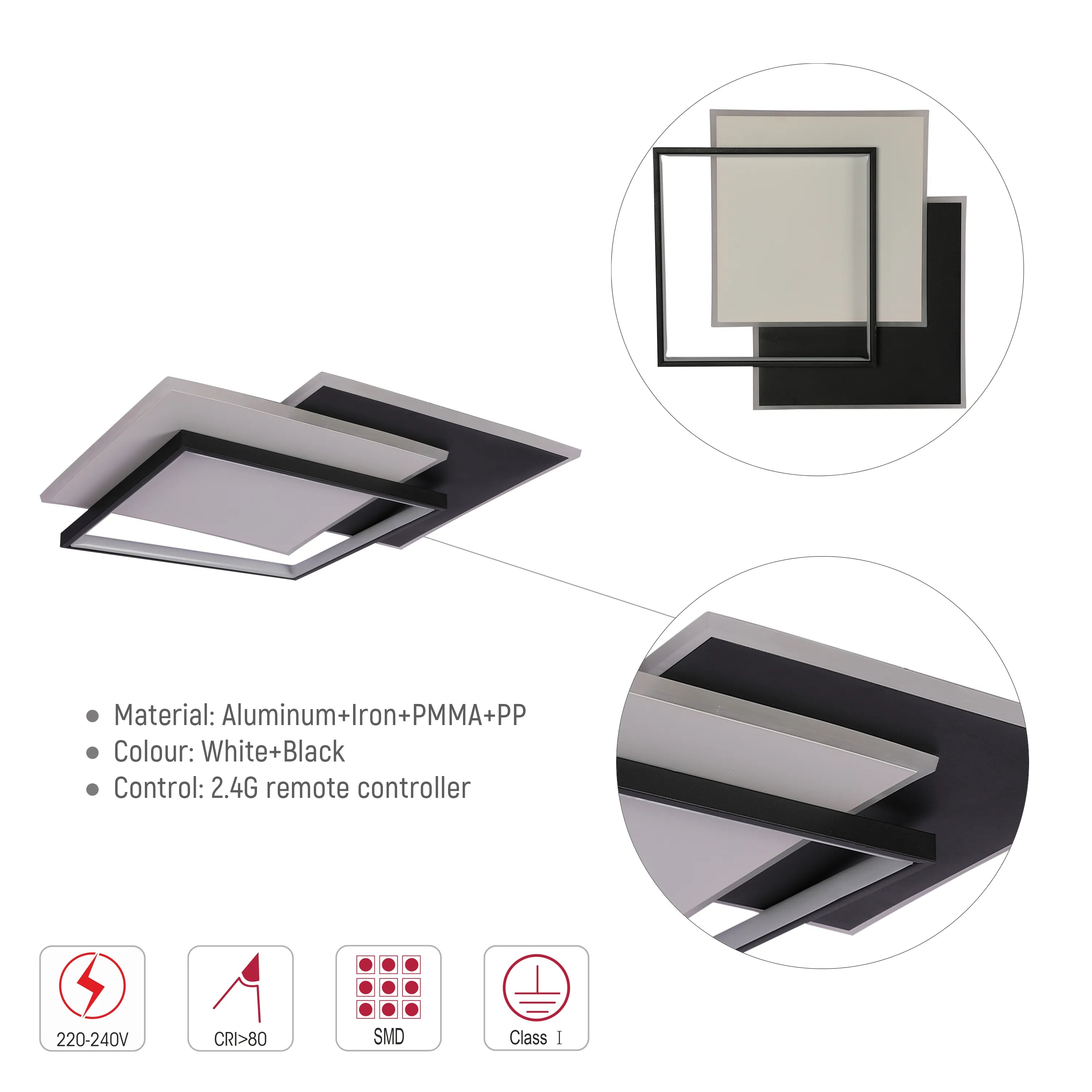 Layered Square LED Ceiling Light, CCT Tunable with Remote, Black & White, 72W, Flush Mount, LED Flush Ceiling Light, TEKLED