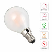 technical specs of 4 pack of dimmable golf ball p45 E14 small edison screw 4w 2700k warm white frosted glass led filament bulbs
