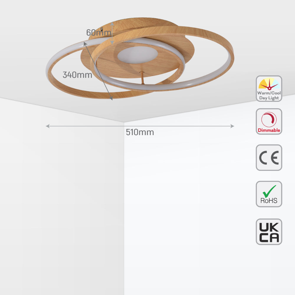 Size and specs of LED Crossing Circles Wood Finishing 34W CCT Change Dimmable Contemporary Nordic Scandinavian Flush Ceiling Light with Remote Control | TEKLED 154-17260