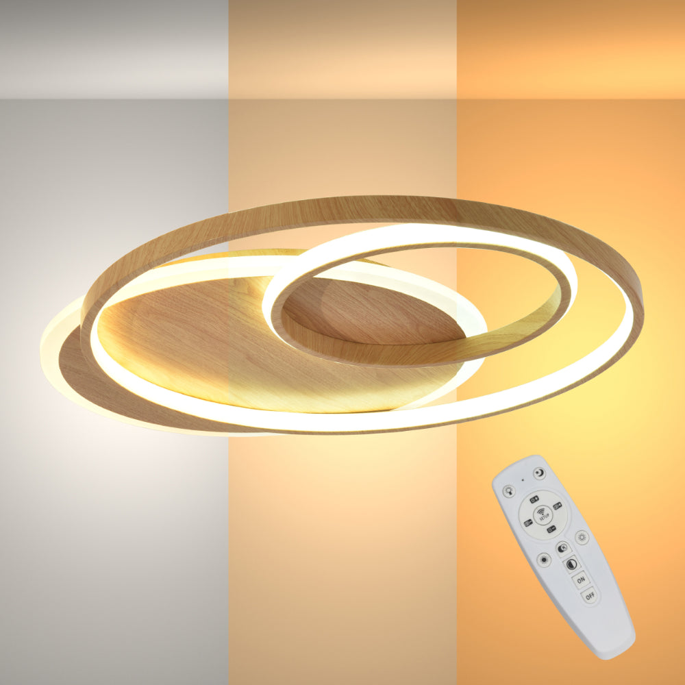 LED Circles Wood Finishing 34W CCT Change Dimmable Contemporary Nordic Scandinavian Flush Ceiling Light with Remote Control