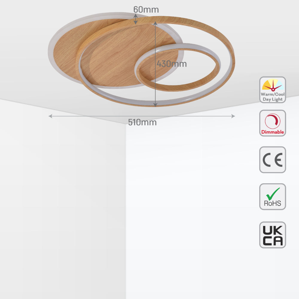 Size and specs of LED Circle in Circle Wood Finishing 34W CCT Change Dimmable Contemporary Nordic Scandinavian Flush Ceiling Light with Remote Control | TEKLED 154-17262