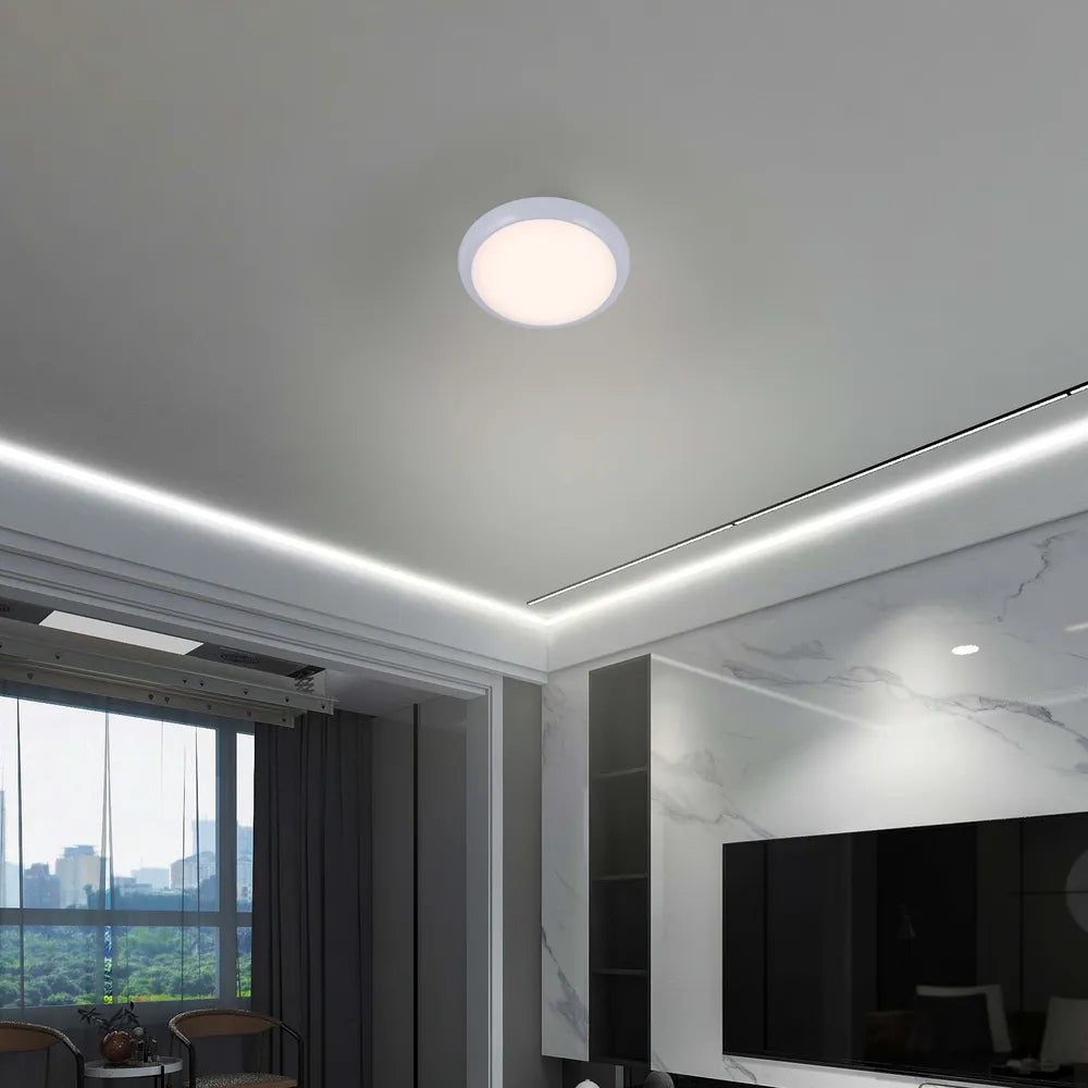 LED Flush Ceiling Light in a modern hallway, featuring a sleek white rim and adjustable color temperature for a stylish touch.118-03616