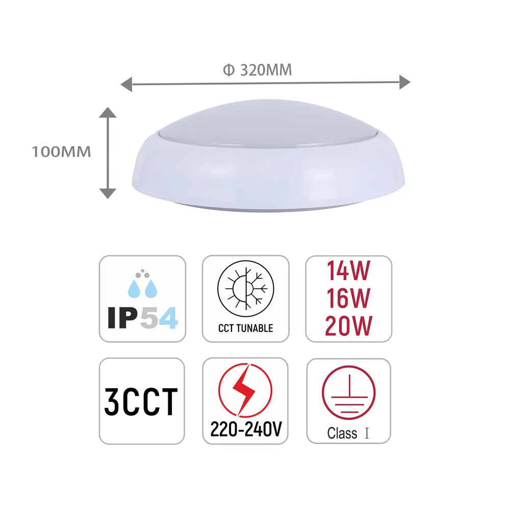 Size and technical specs of the LED Paladin Bulkhead 14-16-20 W 3CCT IP54 with White Rim-118-03616