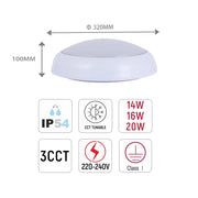 Size and technical specs of the LED Paladin Bulkhead 14-16-20 W 3CCT IP54 with White Rim-118-03616
