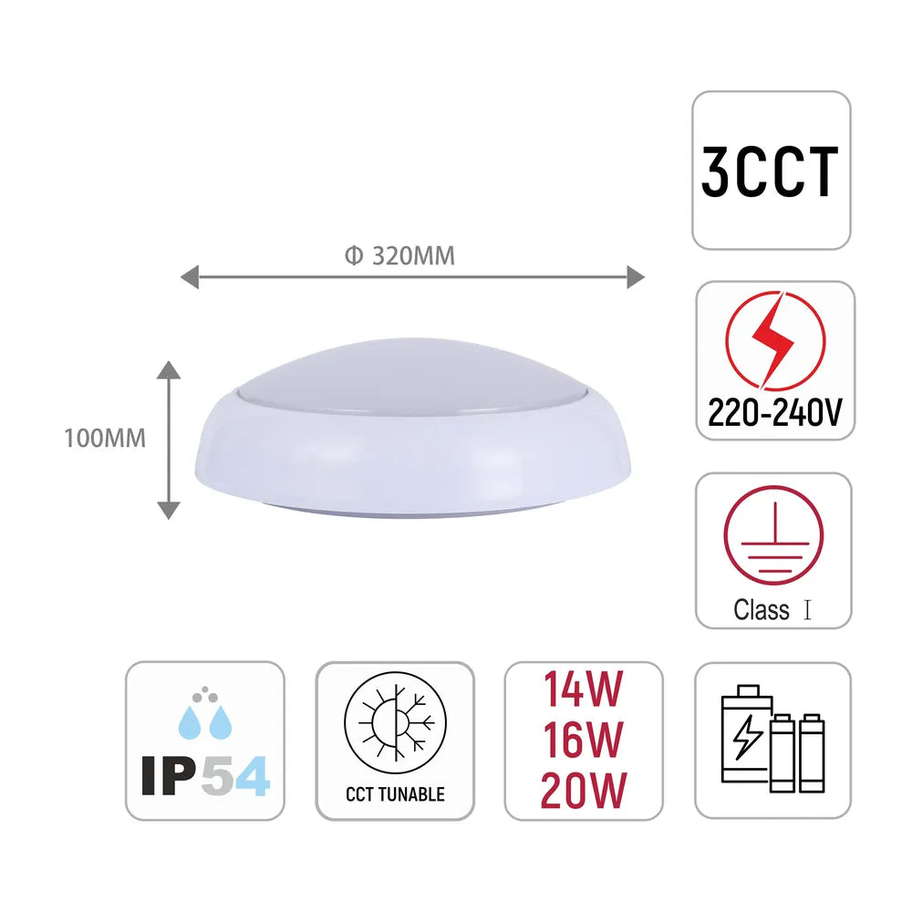 Size and technical specs of the LED Paladin Bulkhead 14-16-20 W 3CCT IP54 with White Rim-118-03620