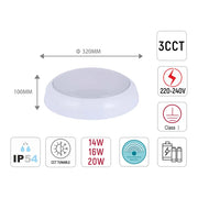 Size and technical specs of the LED Paladin Bulkhead 14-16-20 W 3CCT IP54 with White Rim-118-03622