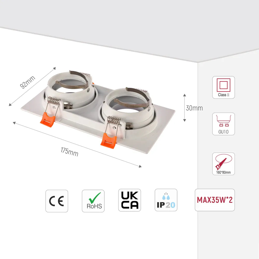 Size and technical specs of the Low UGR Fixed Recessed GU10 Downlighter Square-143-03403