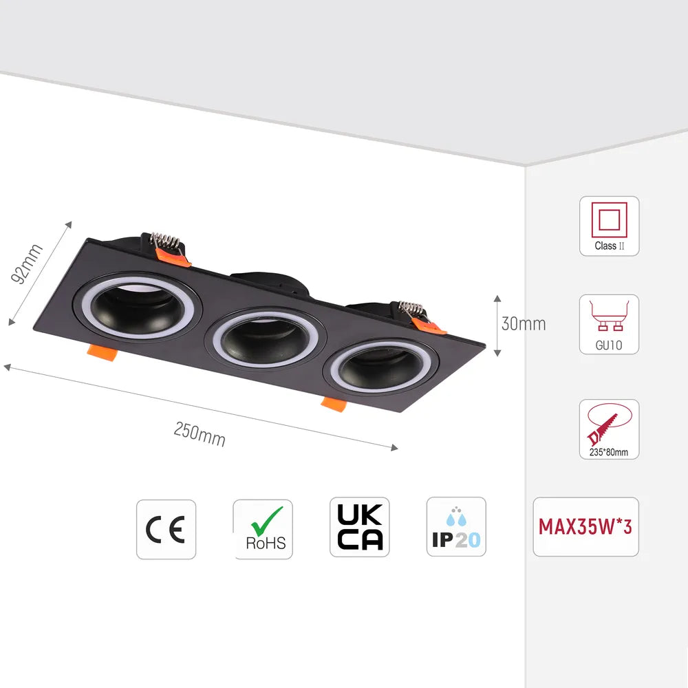 Size and technical specs of the Low UGR Fixed Recessed GU10 Downlighter Square-143-03404