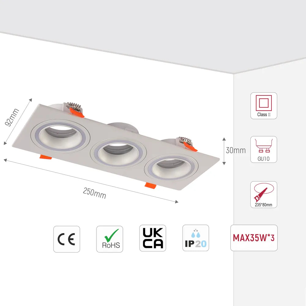 Size and technical specs of the Low UGR Fixed Recessed GU10 Downlighter Square-143-03405