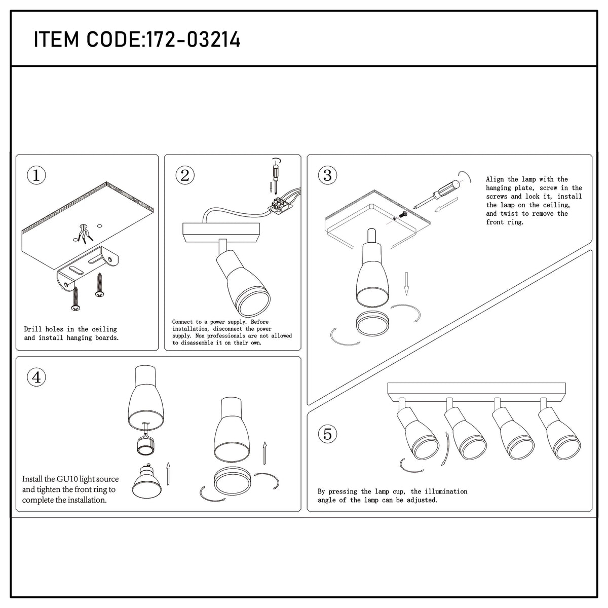 A track lighting fixture in 5 steps, starting from drilling and installing to adjusting the lamp.