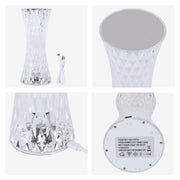 A modern, faceted crystal table lamp, with accompanying USB charging cable, and base detail close-ups.