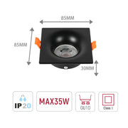 Size and technical specs of the Lunar Low-Glare Square Fixed Recessed GU10 Downlight-143-03994