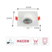 Size and technical specs of the Lunar Low-Glare Square Fixed Recessed GU10 Downlight-143-03995