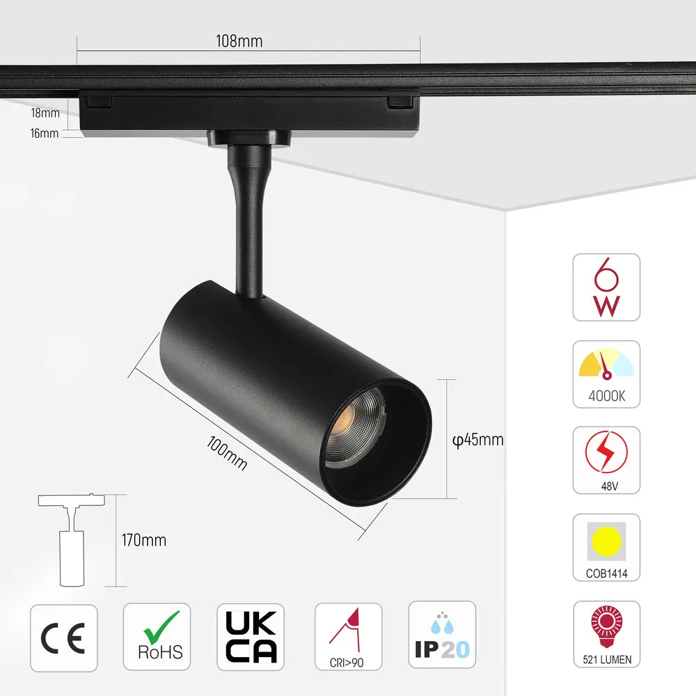 Size and technical specs of the Magnetic Cylinder Focus LED Track Light Black 4000K-169-03100