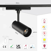 Size and technical specs of the Magnetic Cylinder Focus LED Track Light Black 4000K-169-03100